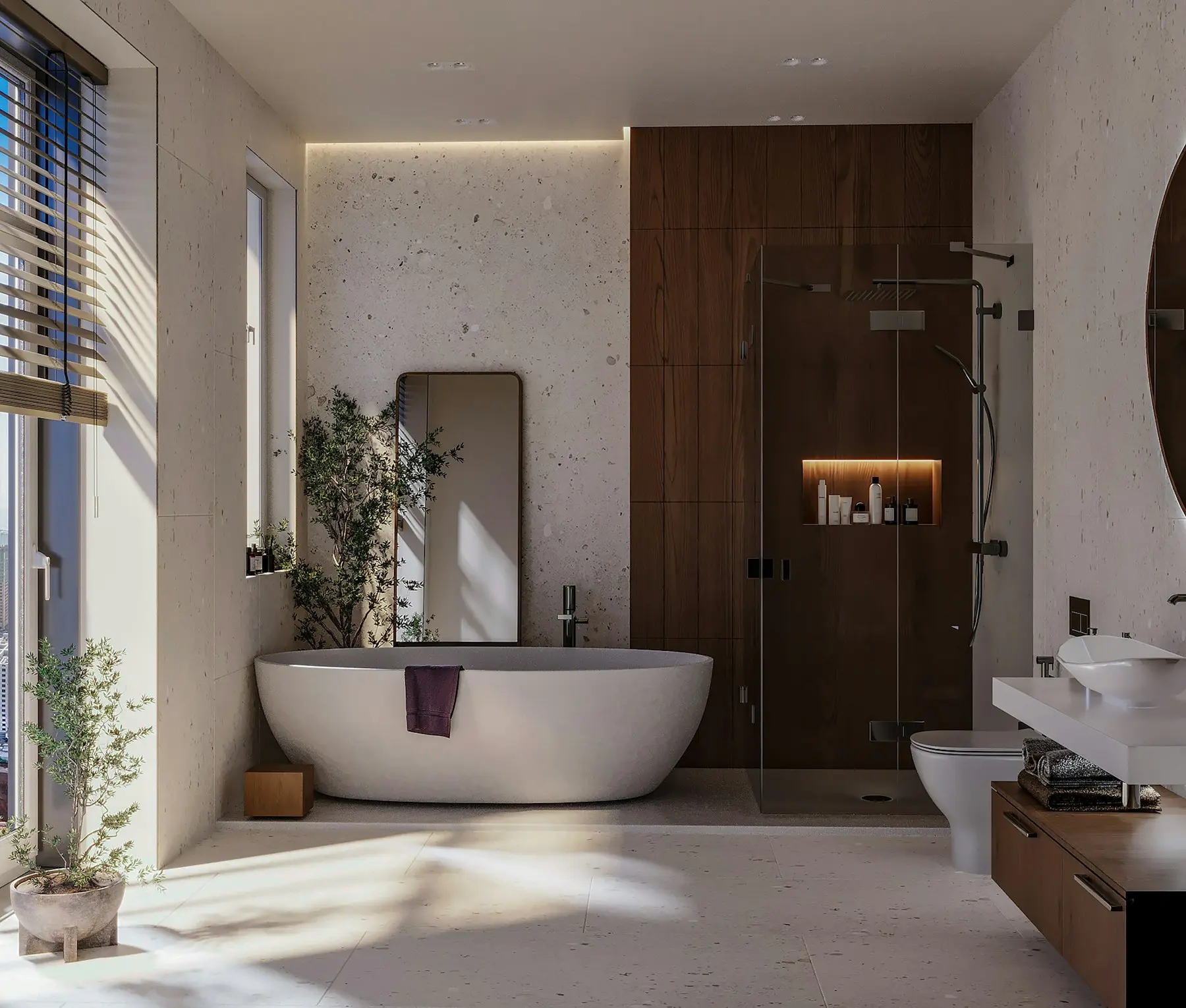 Freestanding tub beside a walnut-paneled shower wall